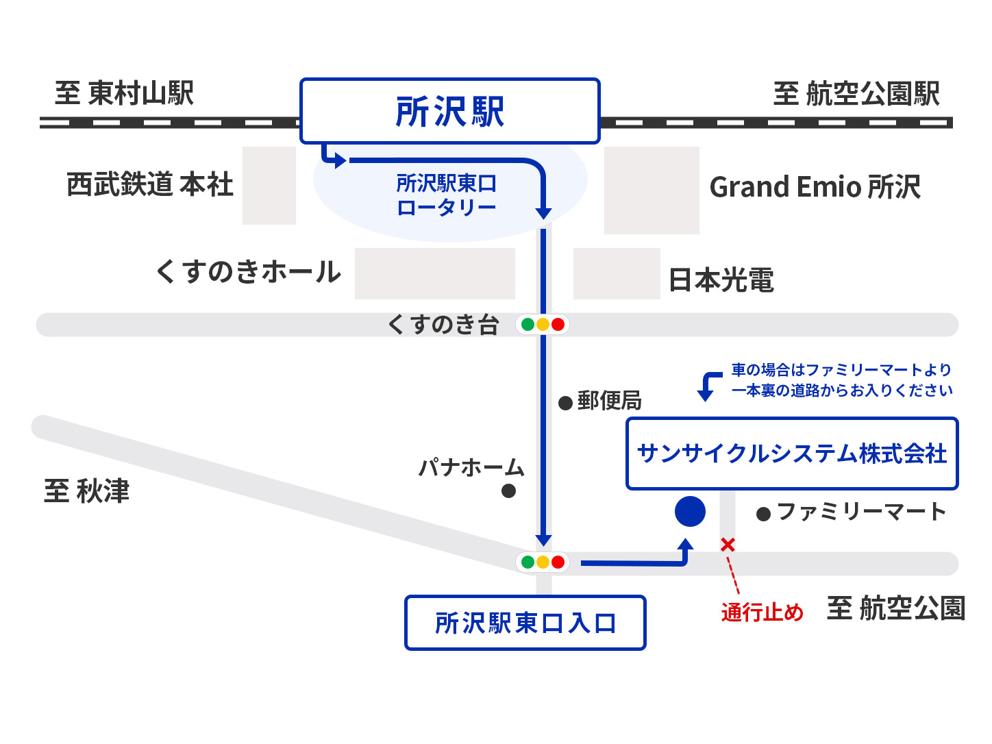 所沢駅東口からサンサイクルシステム株式会社までの案内図